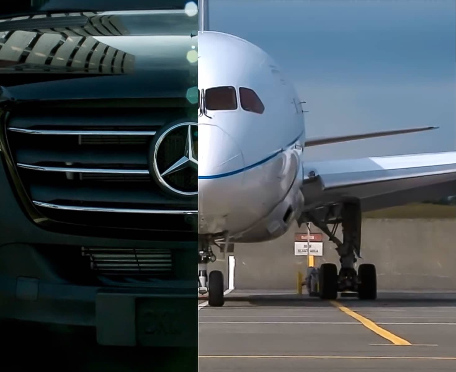 Split image juxtaposing a car grille on the left and an airplane front on the right. The car is black with a prominent star emblem, while the airplane is on a runway.