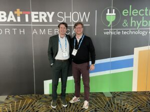 Two men attending the 2024 Battery Show.