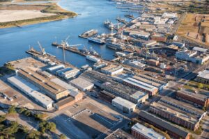 Aerial photograph of the Charleston Marine Manufacturing Corporation (CMMC) Navy Yard Industrial Campus.