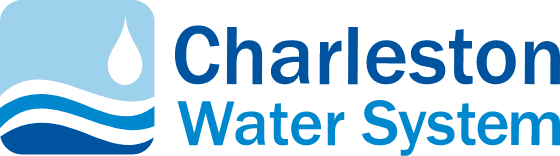 Charleston Water System logo. A white water drop on blue background with minimalist blue waves illustrated in shades of darker blue below.