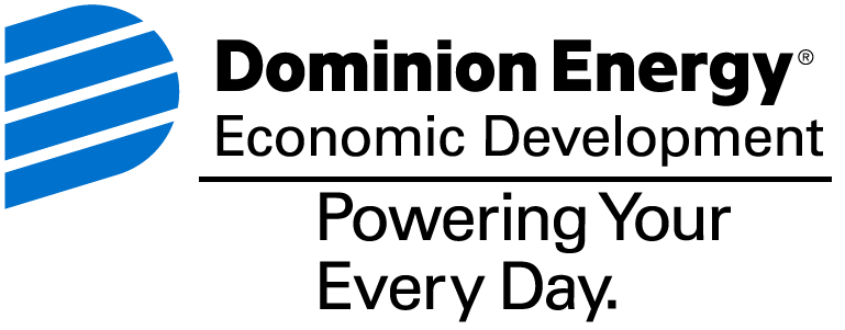 Dominion Energy Economic Development Logo. The shape of a D made of Blue and White Stripes with the text 
